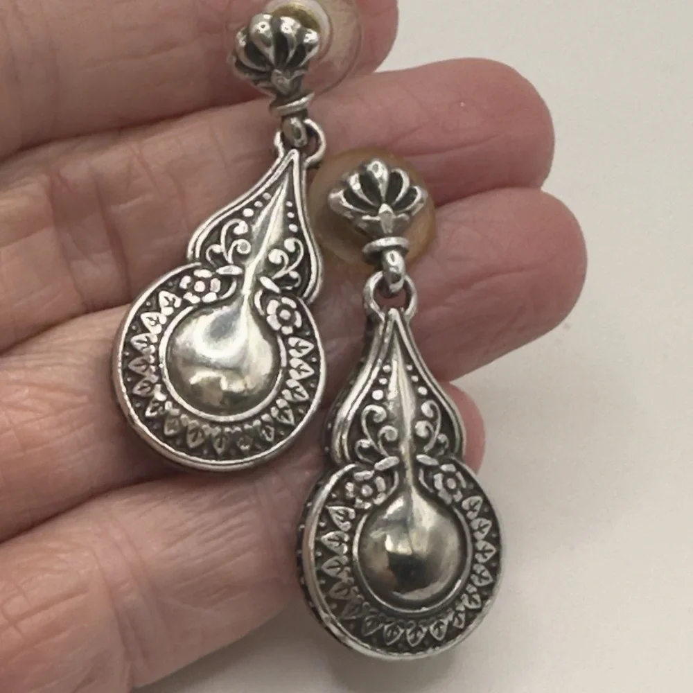 Brighton Earrings Silver Tone Scroll Teardrop Drop Fleur de Lis Post Retired